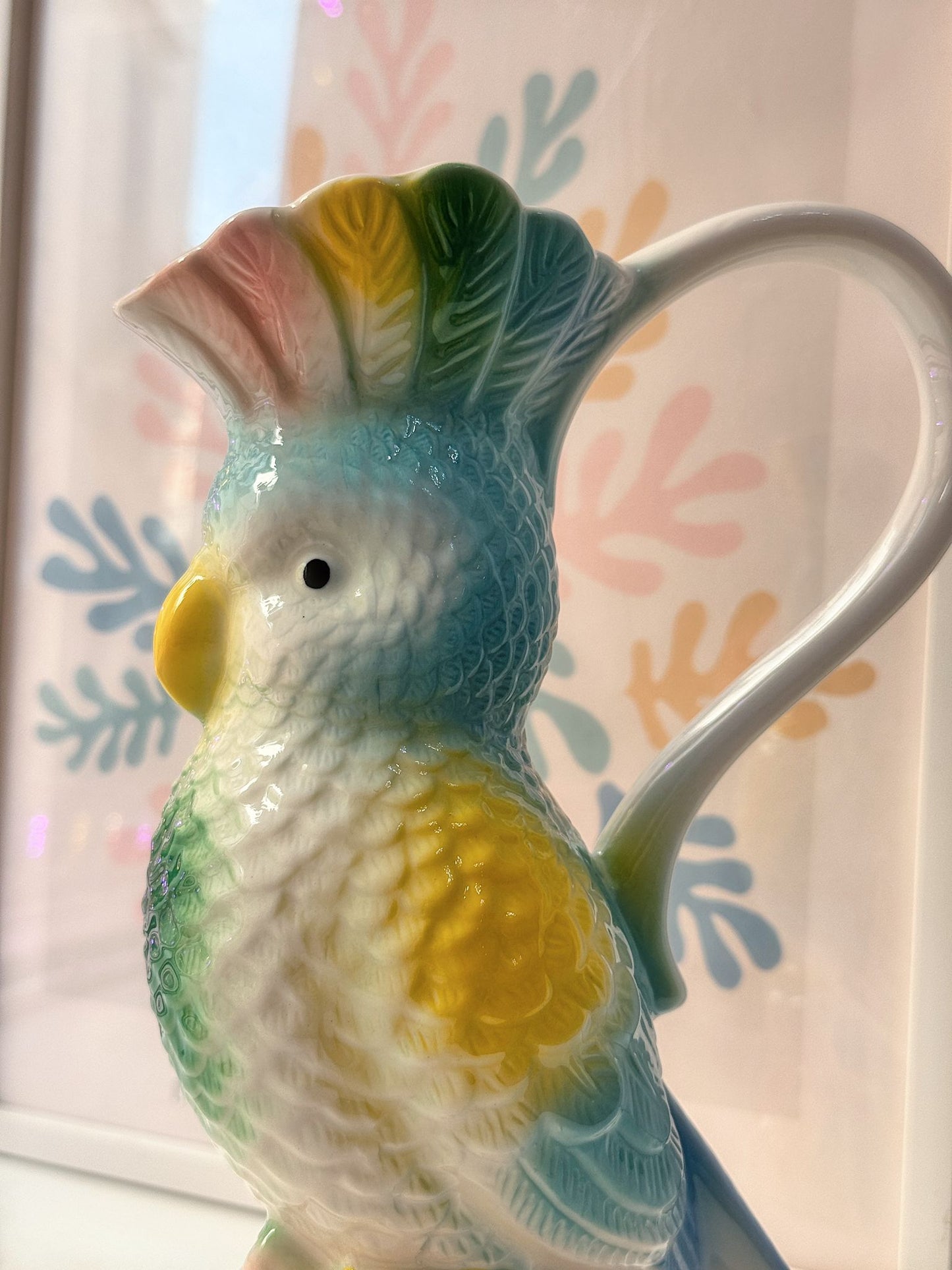 Brocca ceramica uccello rosa, menta e giallo