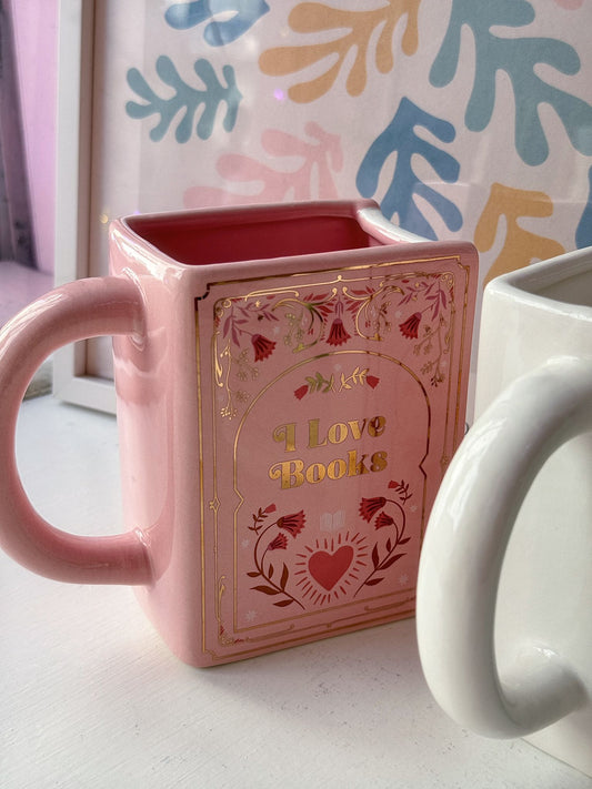 Tazza rosa a forma di libro “I love books”