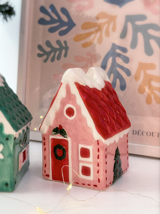 Casetta natalizia portacandela rosa o verde