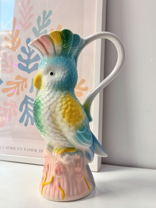 Brocca ceramica uccello rosa, menta e giallo